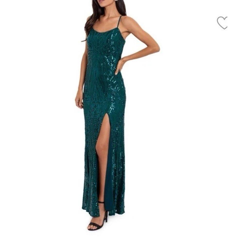 BETSY & ADAM Sequin Spaghetti Strap Long Gown Green Sz 10 $320